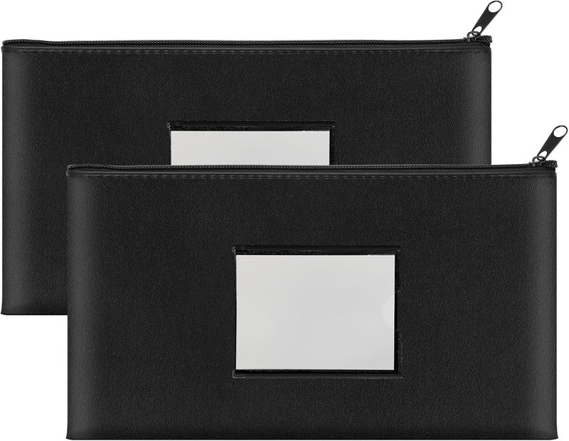 Hoiny 2 Pack Money Bags with Zipper, Bank Pouch with Label, 11 x 6.1 Inch PU Leather Cash Deposit Holder for Coins, Invoice, Bills, Cosmetics, Tools (Black) - Image 1